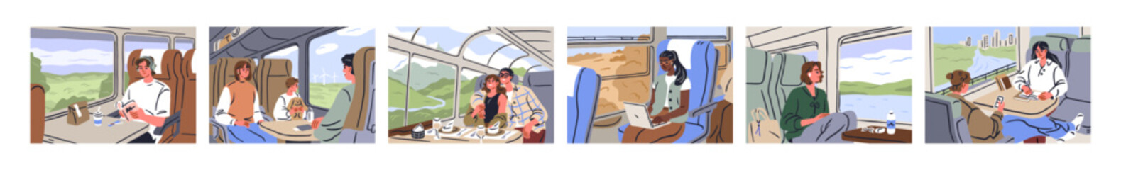 People travel by train. Tourists sitting by window during railway journey. Couple, friends and family passengers in holiday adventure with book, food, headphones, laptop. Flat vector illustrations set © Good Studio