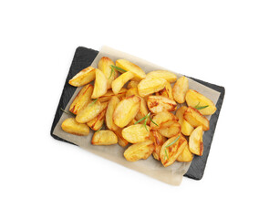 Tasty baked potatoes with rosemary isolated on white, top view