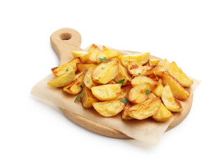 Tasty baked potatoes with parsley isolated on white