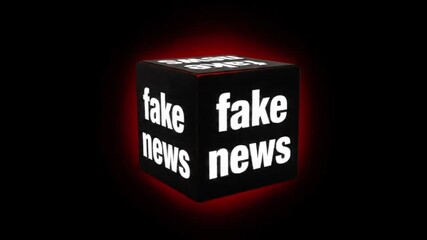 A glowing black cube prominently displays the words "fake news" on its multiple sides, symbolizing the pervasive nature of misinformation in the digital age. - Powered by Adobe