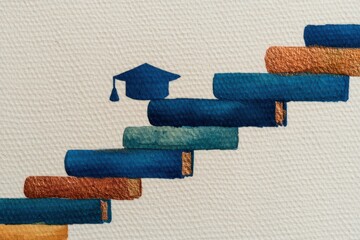 Colorful watercolor illustration depicting a staircase made of books culminating in a graduation cap symbolizing educational achievement and the pursuit of knowledge through learning