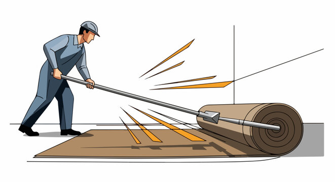 Worker unrolling large paper roll with arrows showing direction and tension lines. Industrial vector illustration for manufacturing process.