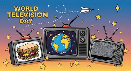 World television day with vintage tv and paper plane on colorful background vector