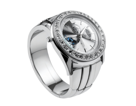  Modern Silver Ring Watch with Gemstone Detail Isolated on Transparent Background - Powered by Adobe