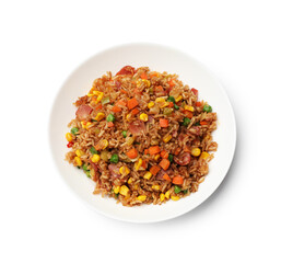 Tasty fried rice with vegetables and bacon isolated on white, top view