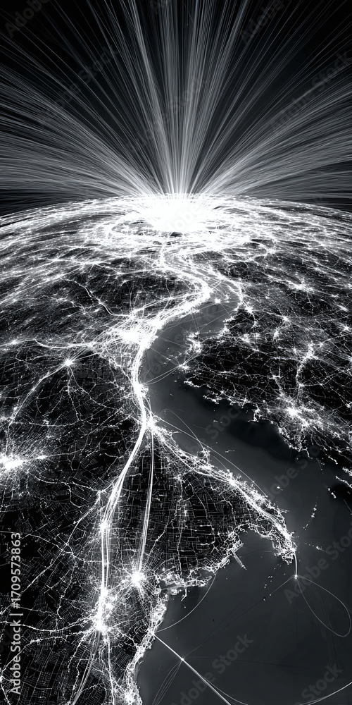 Aufkleber dynamic monochrome depiction of a glowing interconnected global network, illuminated by a brilliant 