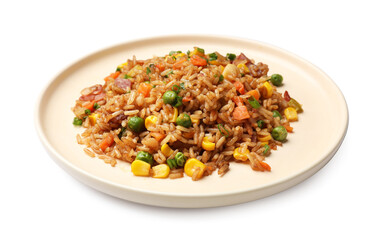 Delicious fried rice with vegetables and bacon isolated on white