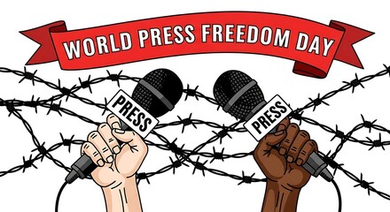 World press freedom day with microphone and barbed wire on white background