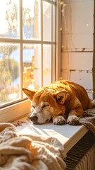 Dog resting by sunny window