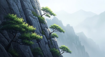 Mountainside Trees and Foggy Landscape.