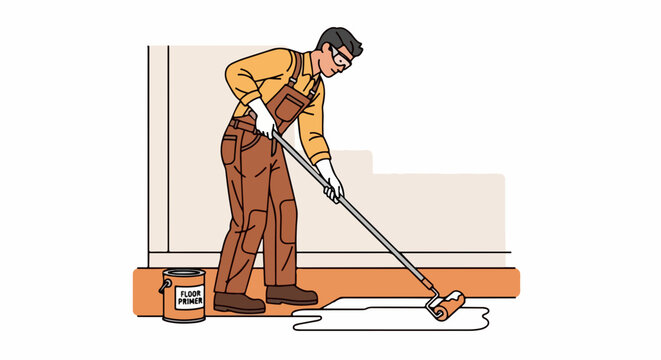 Illustrative vector of a painter applying floor coating with a roller, showcasing home renovation and DIY project concepts.