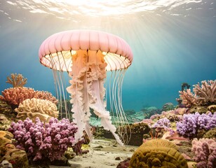 Pink jellyfish in coral reef