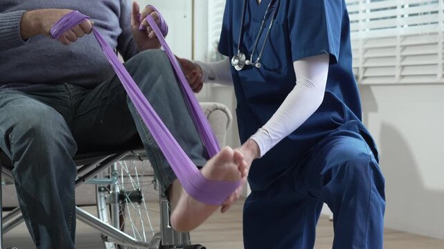 A white female nurse is assisting an elderly male patient with crutches, helping him get up from a sofa. She emphasizes rehabilitation,mobility assistance, nursing care,physical assistance