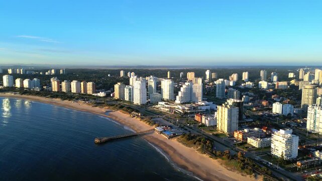 Aerial View of Punta del Este Skyline with Playa Mansa at Sunset