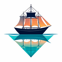 A stylized illustration of a dark blue sailing ship with orange and yellow sails, reflected in turquoise water.