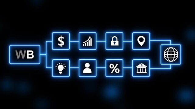 Digital Flowchart of Business Concepts with WB Acronym and Glowing Blue Neon Lines Keywords: flowchart, business, concept, digital, technology, network, connection, data, information