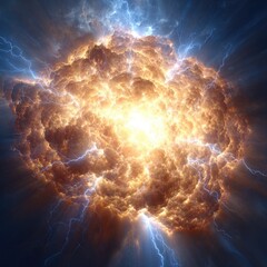 Powerful explosion, radiating light and energy, with dramatic streaks of lightning