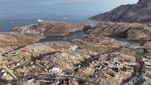 Bird's-eye view. Greenland, the inland of Uummannaq island, in sunny day