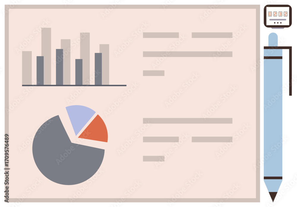 Poster bar graph, pie chart, report text, and pen highlight data analysis, business insights, performance r