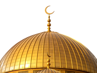 Golden dome of the rock with crescent moon against black sky
