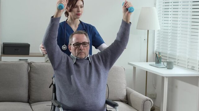 A white female nurse is assisting an elderly male patient with crutches, helping him get up from a sofa. She emphasizes rehabilitation,mobility assistance, nursing care,physical assistance