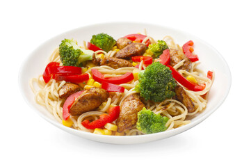 Delicious noodles with meat and vegetables in bowl isolated on white