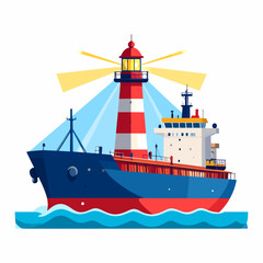 Obraz premium A vibrant illustration of a cargo ship sailing past a red and white striped lighthouse emitting bright beams of light on the water.