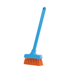 Blue and orange floor cleaning broom isolated on transparent background. 3D render of long handle household brush, perfect for cleaning service visuals, hygiene projects, and housekeeping design.