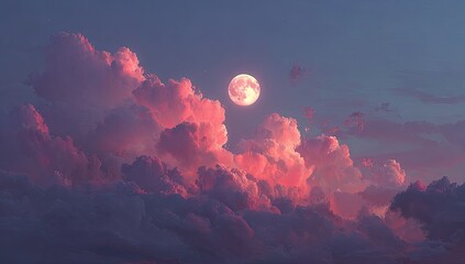 Pink moon bathed in clouds at twilight