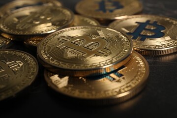 Cryptocurrency. Bitcoins on black table, closeup view