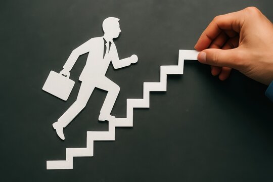 Paper cutout businessman climbing stairs with hand adding a step - Powered by Adobe
