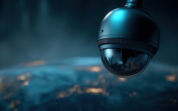 Close-up of a dark, metallic security camera,  focused on a globe lens, against a blurred Earth background