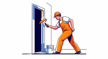 Man working on home renovation, painting door frame with roller. Worker wearing protective hard hat and overalls, diligently performing home renovation task.