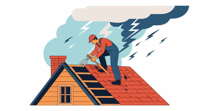 Roof repair with worker fixing shingles during stormy weather conditions. Roof repair requires safety and skill for handling heavy rain and lightning strikes.