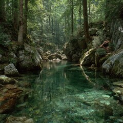 Fototapeta premium Crystal-clear stream flowing through a mossy, verdant forest. Tranquil, serene scene