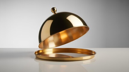 Elegant ajar gold cloche with  a tray for serving hot dishes on an isolated light background with free space for text. A symbol of luxury, haute cuisine, and exclusive restaurant service.