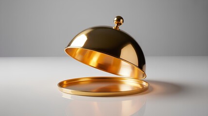 Elegant ajar gold cloche with  a tray for serving hot dishes on an isolated light background with free space for text. A symbol of luxury, haute cuisine, and exclusive restaurant service.
