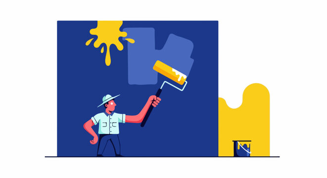 Home renovation project with painter using paint roller and yellow paint. House painting includes man applying fresh coat of blue paint on wall. Concept home improvement for blogs and websites.