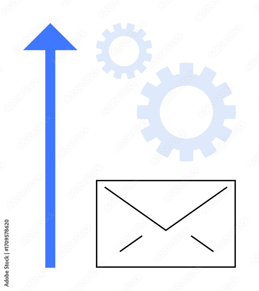 Poster upward arrow, gears, and envelope symbolizing email efficiency, workflow optimization, progress. ide