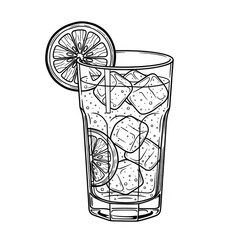 Black and white illustration of a gin and tonic drink isolated on transparent background
