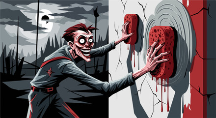 Deranged man cleaning blood from wall with sponges illustrates crime scene. Cleaning scene shows deranged man, dark scene, and spooky look.