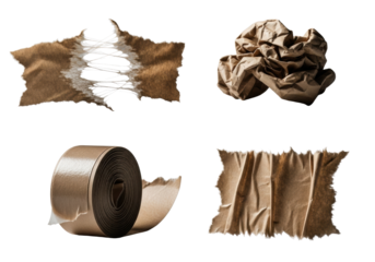 Hyper-detailed macro of four brown kraft paper tape: mid-tear, crumpled, curled, unfurled. Raking light, deep shadows on transparent, sculptural study of material