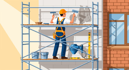 Painter at work on scaffolding showing painting wall. Painting wall with roller depicts worker painting wall. Commercial concept painter at work painting wall,