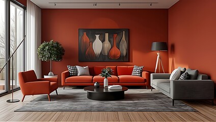 Stylish living space with red feature wall, modern red and grey sofas, black round coffee table, large art painting, floor lamp, and indoor tree, offering a vibrant and inviting atmosphere.