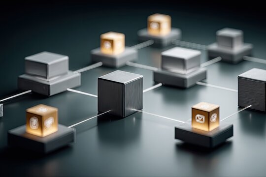 Connected metallic cubes with icons, forming a network