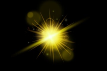 Fototapeta premium Digital star PNG burst with golden light and glowing sun rays, bright flare and sparkle overlay on transparent background.