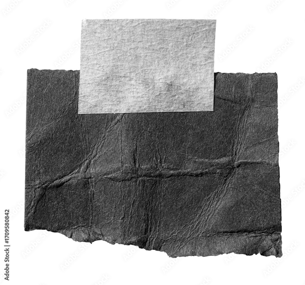 Poster piece of black paper note with rough fiber texture and adhesive sticky tape with copy space for text