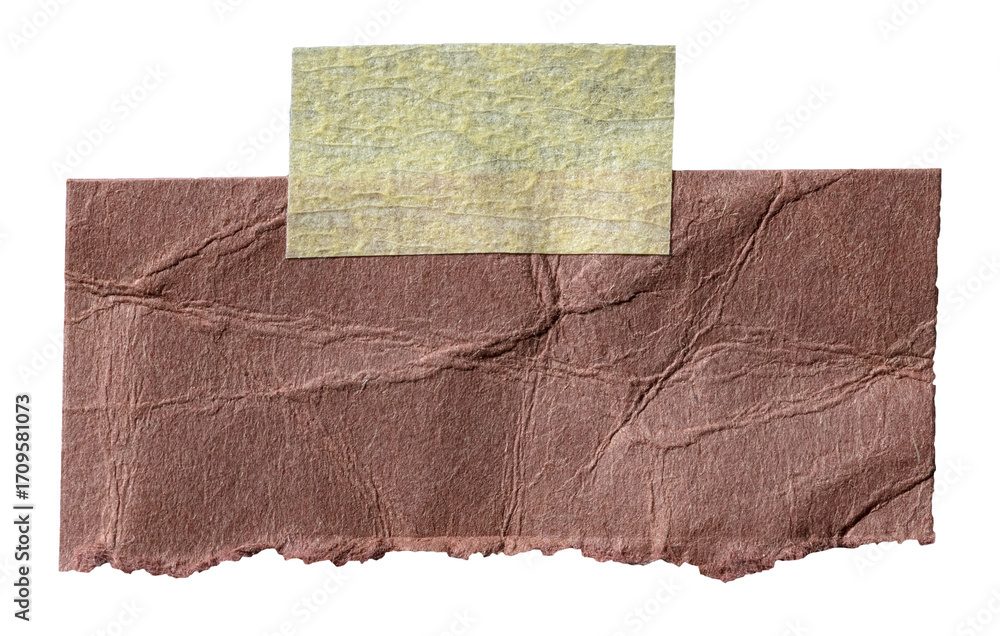 Poster piece of blank brown paper note with rough fiber texture and adhesive sticky tape with copy space fo