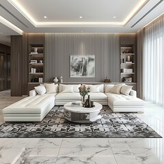 Chic living space with marble tiles, white L-shaped sofa, black-gray patterned rug and abstract painting, highlighted by recessed ceiling lights and built-in wooden shelving.