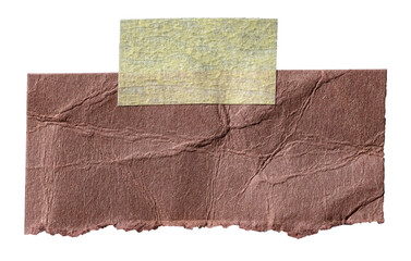 Piece of blank brown paper note with rough fiber texture and adhesive sticky tape with copy space for text, isolated transparent png background design element